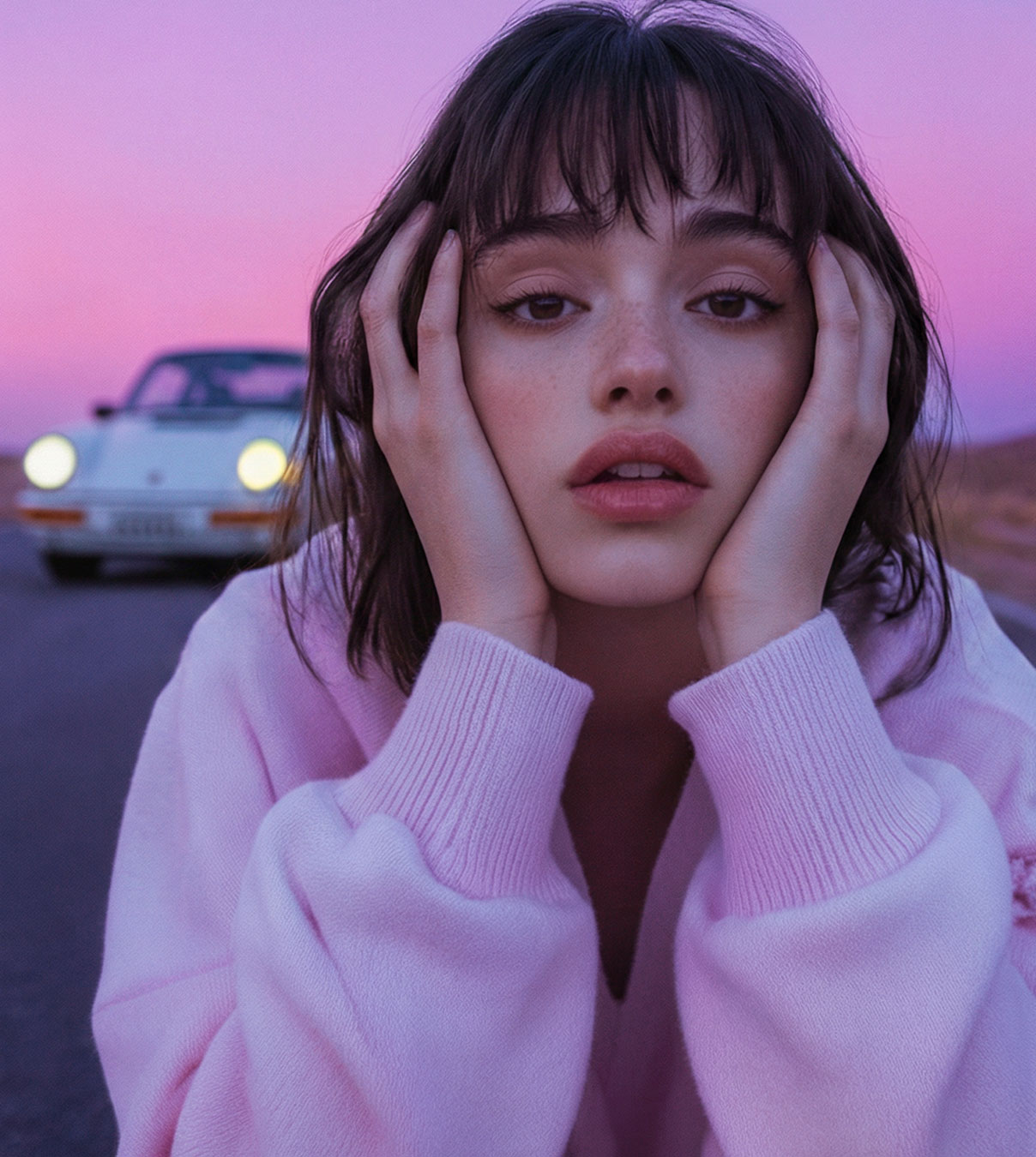 Retrato editorial de una mujer frente a un automóvil al atardecer